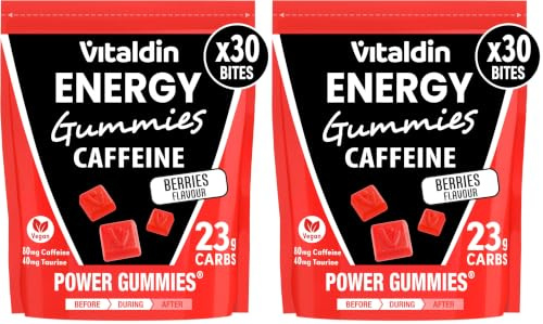 VITALDIN SPORT Power Gummies Caffeine & Taurine – Énergie immédiate et soutenue – 80 mg Caféine, 40 mg Taurine par dose + Vitamine B6 – Doypack 30 Gommes – Bites Goût Fruits Rouges – Vegan (Lot de 2)