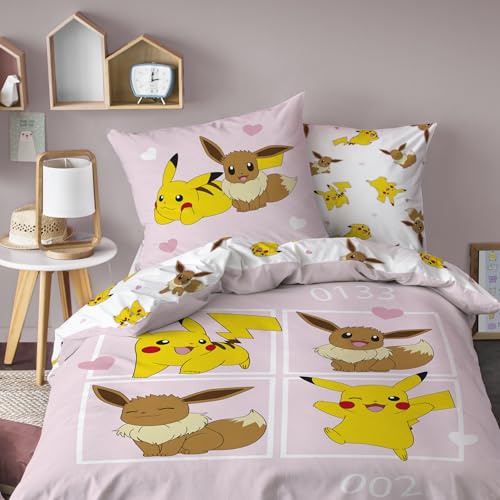 Pokémon Evoli Parure de lit imprimée 100% Coton - Licence Officielle | Housse de Couette 140x200 cm + 1 taie 63x63 cm | Fermeture avec rabat | Chambre enfant, lit 1 place | Certification Oeko-Tex