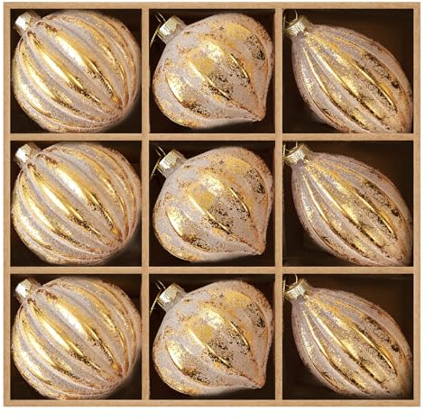 DN DECONATION Weihnachtskugel-Set aus mattem Glas, zum Aufhängen, mit Glitzer, Verschiedene Tropfen, Kugeln und Laterne, Weihnachtsdekorationen für Baum, Kranz und Vintage-Heimparty (9 Stück, Gold)