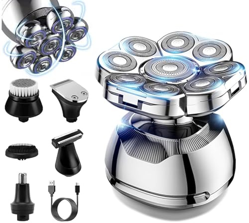Rasoi Per Testine 9D Per Uomini Calvi, Rasoi Elettrici Per Teste Calve 6 in 1 Per Uomo Con Rifinitore Per Peli Del Naso, Display A LED, Kit Per La Toelettatura Da Uomo Con Rasatura