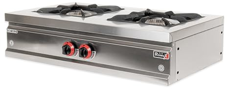 Romux Cuisinière industrielle à gaz 2 feux de 90 x 50 cm - Table horizontale en acier inoxydable avec régulateur de feu et thermocouple - Réchaud à gaz butane pour bars et restaurants