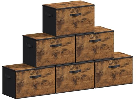 SONGMICS Scatola Portaoggetti con Coperchio, Set di 6, Scatola Pieghevole in Tessuto con Maniglie, Contenitore per Vestiti, 40 x 30 x 25 cm, Tessuto Non Tessuto, Marrone Vintage RYZ103BH03