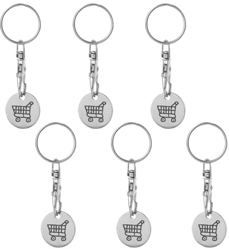FILOEEX 6 Pack Stainless Steel Trolley Coin Keyring Reusable UK Pound Coin Token with Key Clip for Shopping Trolleys & Locker, Portable Cashless Shopping Solution