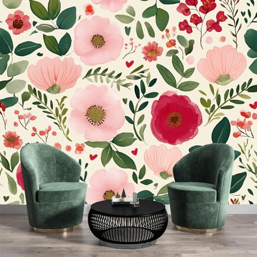 Carta da Parati Panoramica Fiori Dolci Giocosi, Carta da Parati Seta Poster Murale Acquerello, 150 x 105cm (L×H) Rosso Rosa Verde Poster Quadri Fotografici Murali Per Camera Soggiorno