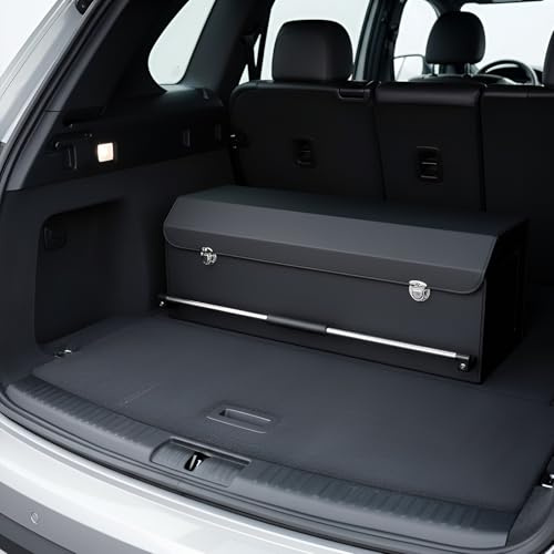 XCF Kofferraum Organizer mit Deckel – Premium NAPPA-Leder, Tragbarer Push-Pull-Griff & Stabile Universal Aufbewahrungsbox für Auto & SUV (Schwarz, 82 x 29 x 31 cm)