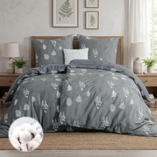 Aisbo Bettwäsche 135x200 4teilig Baumwolle Grau Floral und Blätter Blumen Muster - Bettbezug 2er Set mit 2 Kissenbezüge 80x80 cm, ÖKO-TEX Wendebettwäsche mit Reißverschluss