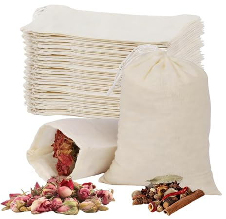 50Pcs Pure Cotton Mesh Bags, 15×10cm Drawstring Reusable Cotton Muslin Bags