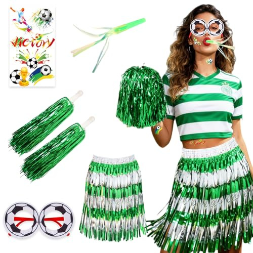 HATFRYF Football Cheerleader Outfit for Kids and Adult, Soccer Fan Party Costume Supplies Set Includes Cheer Glasses, Temporary Tattoos, Thread Skirt, Hand-Shaken Rattle Stick and Party Blower