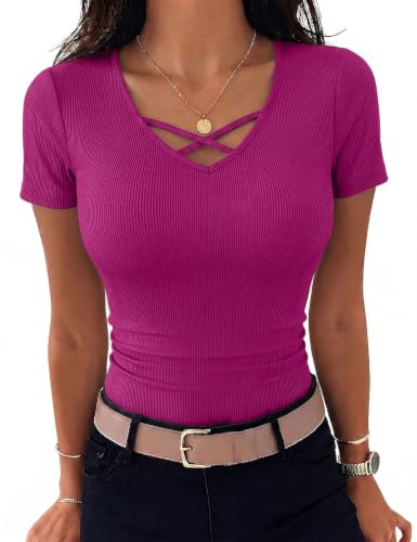 Aottori Maglia Donna Manica Corta Scollo a V Maglietta Coste Estiva Slim | Viscosa morbida ed elasticizzata, scollo a V incrociato, coste sottili, slim fit lungo per ufficio e tempo libero