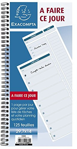 Exacompta - Réf. 5380E - 1 carnet spiralé A faire ce jour - avec liste des tâches en page droite et planning horaire en page de gauche - 125 feuilles - format 297 x 140 mm - certifié PEFC