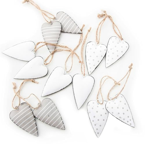 Deko Herzen zum Aufhängen, 12er Set: Herzanhänger Metall, Metallherzen Anhänger, Dekoherzen Weihnachten, Advent, Herbst & Winter, Weihnachtsdeko Zweige, Blechherzen, Baumschmuck, Beige & Weiß, 7 cm