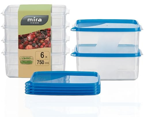 MiraHome Gefrierdosen 6x0,75L rechteckig blau – Vorratsdosen mit Deckel luftdicht – Transparente Frischhaltedosen mit Deckel – Aufbewahrungsbox Küche für Mealprep & Organisation – Austrian Quality