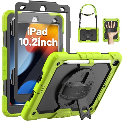 SEYMAC Hülle für iPad 9./8./7. Generation (10,2 Zoll) 2021/2020/2019 - Grün | Stoßfeste Hülle mit Displayschutzfolie, 360°Drehbarem Ständer, Handschlaufe, Schultergurt, Stifthalter, Arbeit/Outdoor&Alltag