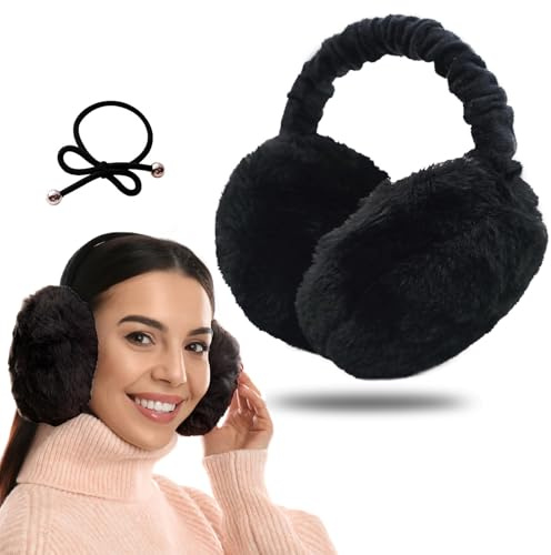 SwirlColor Ear Muffs Earmuffs for Women & Men - Foldable Soft Plush Earmuffs for Winter Cold Weather - Great Choice for Outdoor Cycling Running Skiing, with Black Hair Band 1pcs