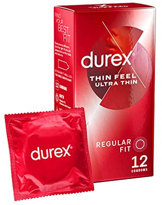 Durex Thin Feel Ultra Thin, 12 Condoms, Regular Fit, Teat Ended, Smooth Shape, With Silicone Lube, Trusted Durex Protection, Natural Latex Condoms