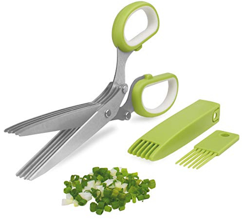 5-Blade Herb Cutter Scissors with Safety Cover, Cleaning Comb - Green