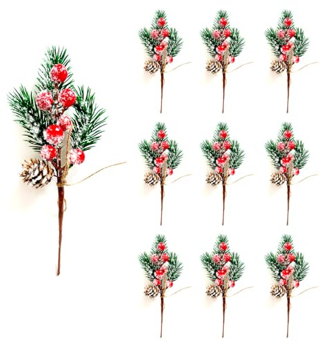 RXXR Lot de 10 Branches de pin artificielles de Noël avec Baies Rouges et Branches de pin à Feuilles persistantes - Décoration de Noël - Flocons de Neige (Rouges)
