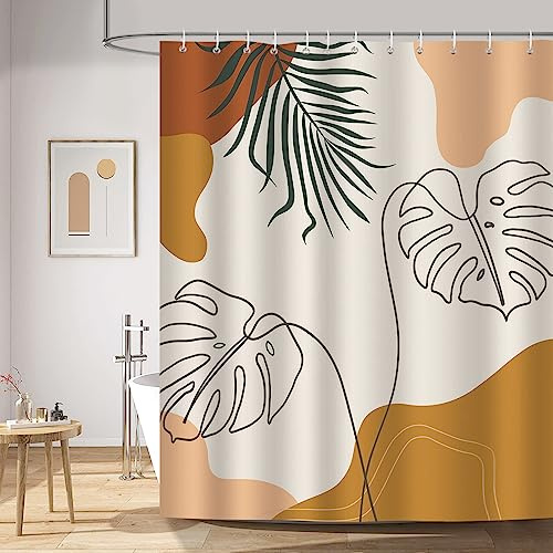 Bonhause Duschvorhang Boho Blätter Abstrakte Boho Modern Minimalistische Braun Duschvorhänge 180 x 180 cm Anti-Schimmel Wasserdicht Polyester Stoff Waschbar Bad Vorhäng für Badzimmer mit 12 Haken
