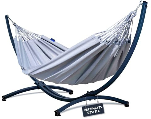Potenza Outdoor Hängematte mit Verzinkter Gestell für 2 Personen I 100% Baumwolle Merida Doppelhängematte XXL 220x160, 220kg I Hängemattengestell 220kg, wetterfest (Grau, Basic Gestell Graphit)