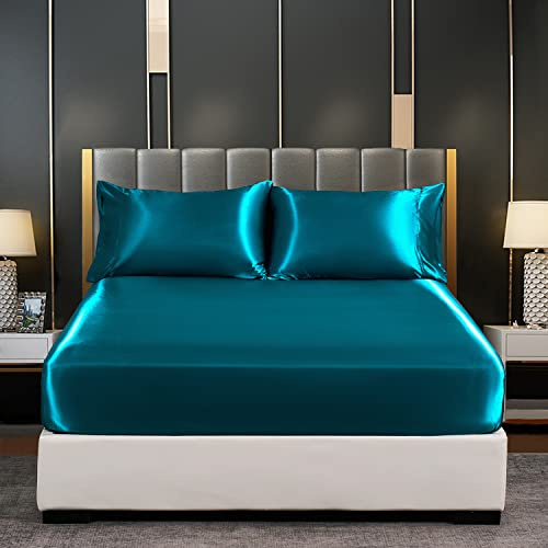 JHCHMX Satin Fitted Sheet Bed Sheets Teal Double,Deep Pocket(35cm) Satin Sheets Soft and Breathable Non-Iron Good for Hair and Skin,Fitted Sheet Only(Teal,Double)