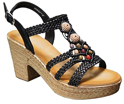 IVACHY Women's Summer Braided Strappy Beaded Flowery Espadrille Wedge Heels Sandals Black Multi