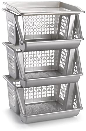 AC – Cestas Verdulera de Cocina con 3 Alturas - Modelo PLFT - Estrecho, Estantería para Cocina y baño, Ahorra Espacio, para Espacios reducidos, Cocina, Oficina, baño, Fácil Montaje. (Plateado) (PLUS)