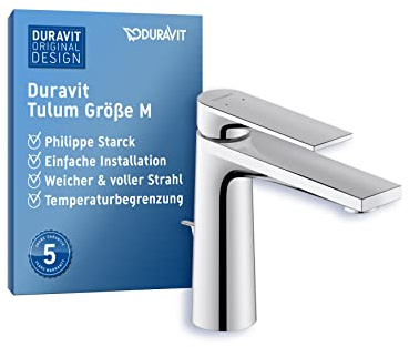 Duravit Tulum Waschtischarmatur, Größe M (Auslauf Höhe 122 mm), Wasserhahn Bad mit Zugstangen-Ablaufgarnitur, Waschbecken Armatur, Chrom