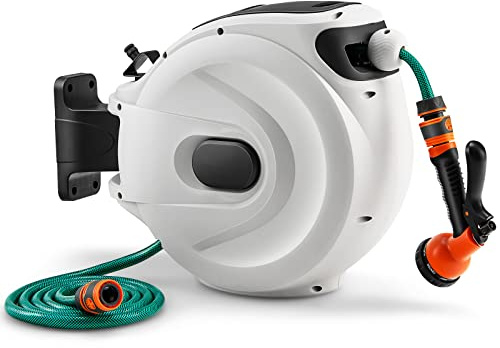 TANGZON Retractable Hose Reel, Wall-Mounted 180° Swivel Garden Hose Reel with 8 Functions Spray Nozzle, Auto Rewind Hose Reel for Patio Yard Greenhouse (White, 20+2M Pipe, 40x20x37cm)