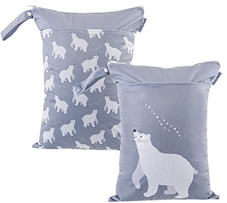 Treer Windeltasche für Babys Unterwegs, 2 Stück Stoffwindeln Nasstaschen Wasserdicht Waschbar Groß mit Doppelreißverschluss Nasse Trocken Wickeltasche Wetbag Kindergarten (grauer Eisbär,30x40cm)
