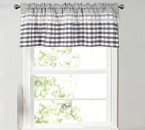 A.Monamour Gardine Scheibengardinen Kurzstores Landhaus Grau Kariert Plaid Gingham Muster mit weißer Spitze Blickdicht Kurzvorhang Küchenvorhang Küche Vorhang Fenster Kurz Stores Bistrogardine