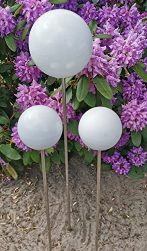 Jürgen Bocker Garten-Ambiente Rosenkugel 3er Set 15-10-10 cm Edelstahl weiß matt gebürstet mit Stab 80 cm Gartenstecker Beetstecker