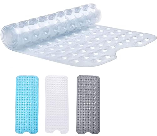 Hafaa Shower Bath Mat Non Slip Anti Mould & Mildew - Long Rubber Bathroom Mat 70x38cm with Strong Suction Cups Grip - Easy Drain and Machine Washable Soft Bathtub Mats (Clear)