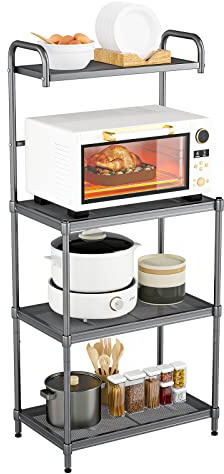 KOMFOTTEU Mensola da Cucina a 4 Livelli in Metallo, con 4 Piedini Antiscivolo, 60 x 34,5 x 136 cm, Supporto per Forno a Microonde, Scaffale Multifunzionale per Cucina e Sala da Pranzo (Grigio)