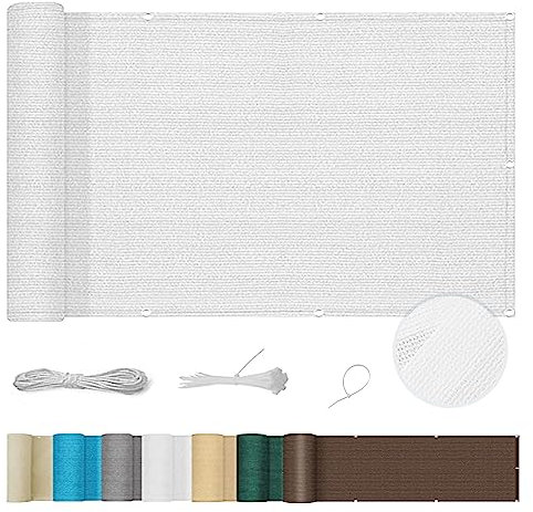 Balkonbespannung 80 x 550 cm Leicht Transparent UV-Schutz Balkon Sichtschutz Ohne Bohren mit Ösen und Kabelbinder für Balkongeländer Garten, Weiß
