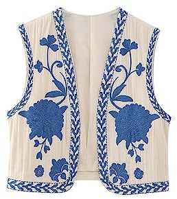 Yimoon Women's Vintage Floral Embroidered Vest Boho Casual Open Front Sleeveless Cardigan Waistcoat