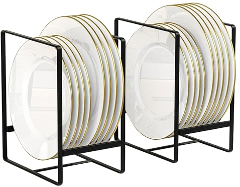 QUMENEY Lot de 2 Grands Porte-Assiettes - Organisateurs d'assiettes - Assiettes Droites - Étagères de séchage - Distributeur de plaques pour armoires de Cuisine et Plan de Travail (Noir)