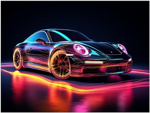 Auto Poster - Porsche 911 Neon Sportwagen Kunstdruck Illustration Wandbild P472N (100x75 cm)