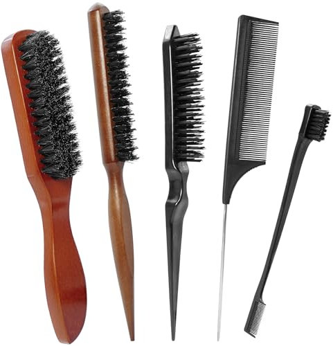 Brelet 5 Pezzi Spazzola Setole Cinghiale Capelli, Pettini con Setole di Cinghiale Naturali, Manico in Legno, Riduci Rottura