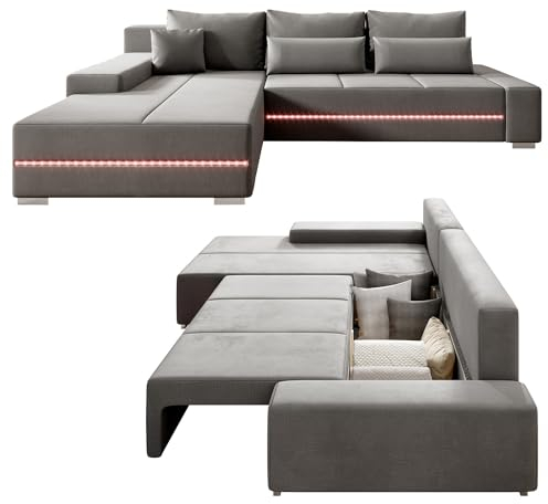Juskys Sofa Davos Links mit Schlaffunktion - Ecksofa für Wohnzimmer mit Bettkasten & LED - Stoff Schlafsofa L Form Couch Beleuchtung - Hellgrau