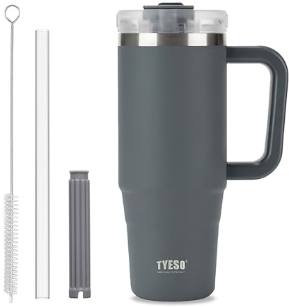 Kaffekuppen Travel Mug med handtag, 30oz tumbler med låsbart lock, rostfritt stål vakuumisisolerad vattenflaska med halm, läcksäker och bärbar resekopp för varma och kalla drycker (grå)