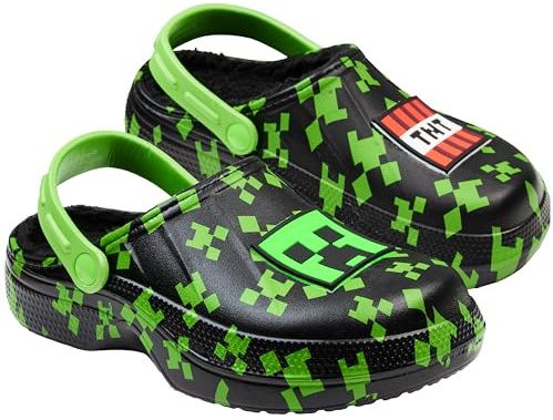 Minecraft Zuecos Niño Invierno con Adornos Creativos y Forro Peluche, Creeper Zapatillas Niño y Adolescentes, Ideas de Regalos (Negro/Verde, 36/37 EU)