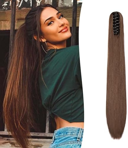 Gairyan 60 cm hästsvans hårstycke fläta förlängningar lång slät klämma claw clip in ponytail Extensions syntetiskt hårförlängningar rak hårdel hårförlängning för kvinnor, mörkbrun och auburn