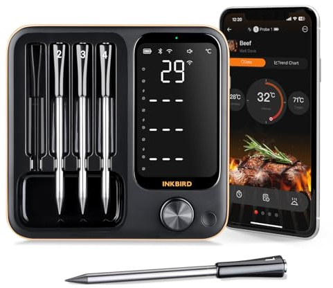 Inkbird INT-14-BW Fleischthermometer kabellos, Smart Grillthermometer WIFI 2.4G und Bluetooth 5.4 Signal 91m, Backofenthermometer Thermometer für Ofen, Grill, Smoker, Rotisserie Airfryer Ofen