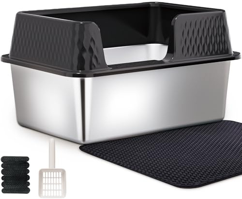 Vealind Caja de Arena de Acero Inoxidable para Gatos, Bandeja de Arena de Metal Resistente, Bandeja de Arena para Gatos de Cara Alta con Borde Desmontable, Resistente, Duradera, Bandeja Grande para