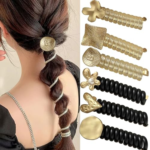 6pcs Spiral Rip Telephone Cord Hair Ties No Damage Coil Telephone Wire Hair Bands Elastic Ponytail Holders Accessories for Women (Gold &Black)