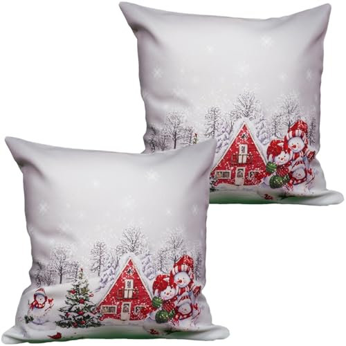 Kissen-Bezüge 2er Set für Deko-Kissen Sofa-Kissen 40 x 40 cm - Polyester Kissen-Hüllen JUNA bedruckt mit bunten Schneemännern - Winterliche Zierkissen für Couch & Wohnzimmer, Weihnachten