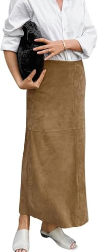 FENXIXIONE Mujeres Falda de ante Maxi Falda Elegante Cintura Alta Línea A Faldas, Otoño Invierno Regular Fit Lápiz Falda larga (L)
