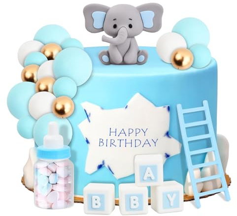 Tortendeko für Mädchen und Baby Babyparty Kuchen Deko, mit Blau Kleiner Elefant Puppen und DIY Kuchentopper Kugeln, Ideal für Baby Junge Mädchen Geburtstag Party Deko