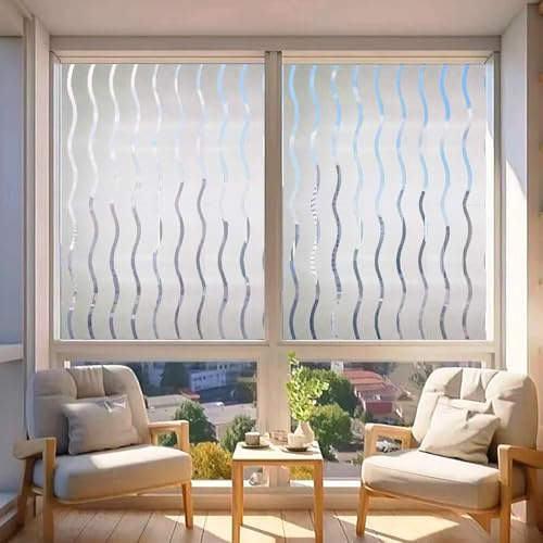Fenster Scheibenfolie Blickdicht 50 x 290 cm, Selbsthaftend Blickdicht, Entfernbar, Kein Kleber, Rückstandslose, Wiederverwendbar, Tönungsfolie Fenster Verspiegelte, Welle