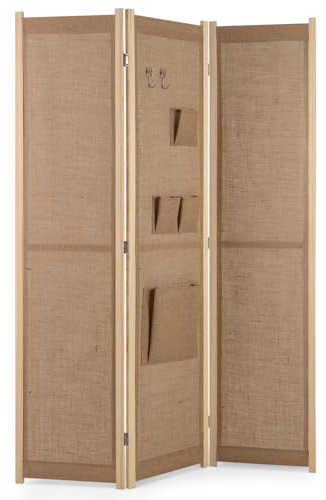 CASART 3-Panel Room Divider, Faux Linen Folding Privacy Screen with Solid Wood Frame, 120 x 170cm Free Standing Partition Screens for Bedroom Living Room Office, Fully Assembly